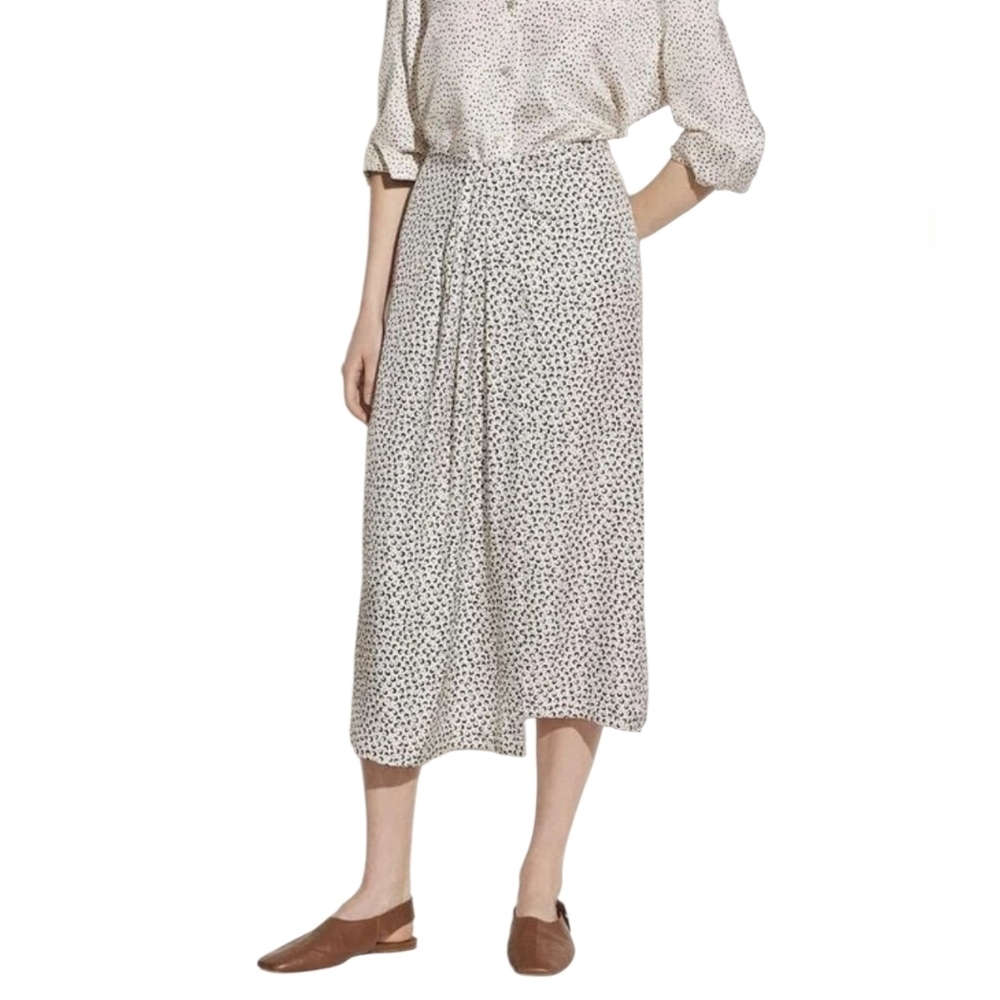 Vince Star Dot Drape Skirt Silk Blend Front Pleat Midi Ivory & Black size 8